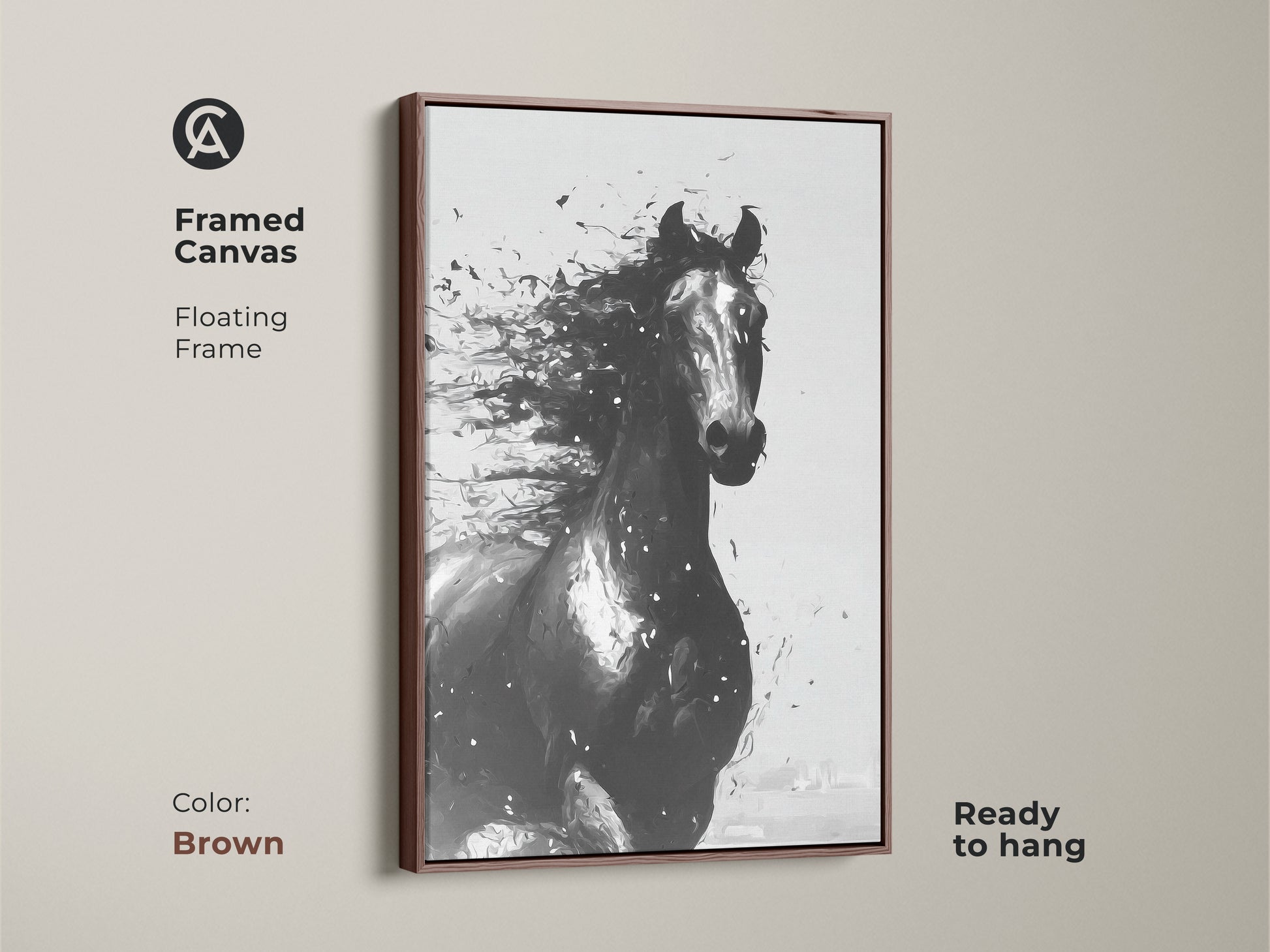 Framed canvas of abstract horse art in brown. Floating frame complements contemporary equine artwork. Ready to hang animal wall art for living spaces. Perfect for horse lovers home decor.