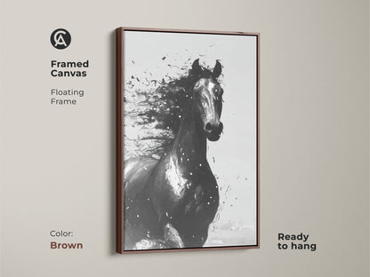 Framed canvas of abstract horse art in brown. Floating frame complements contemporary equine artwork. Ready to hang animal wall art for living spaces. Perfect for horse lovers home decor.