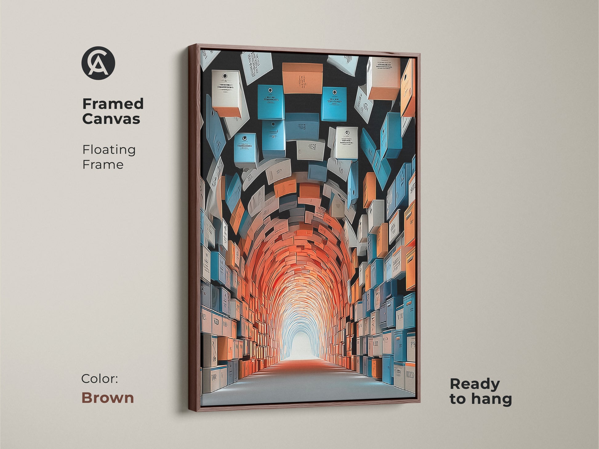 Framed canvas with a brown floating frame showcasing abstract tunnel art. This conceptual artwork has orange teal and blue boxes which create depth. This modern decor is ready to hang and is ideal for a hallway. It enhances the aesthetic of any room.