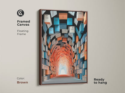 Framed canvas with a brown floating frame showcasing abstract tunnel art. This conceptual artwork has orange teal and blue boxes which create depth. This modern decor is ready to hang and is ideal for a hallway. It enhances the aesthetic of any room.