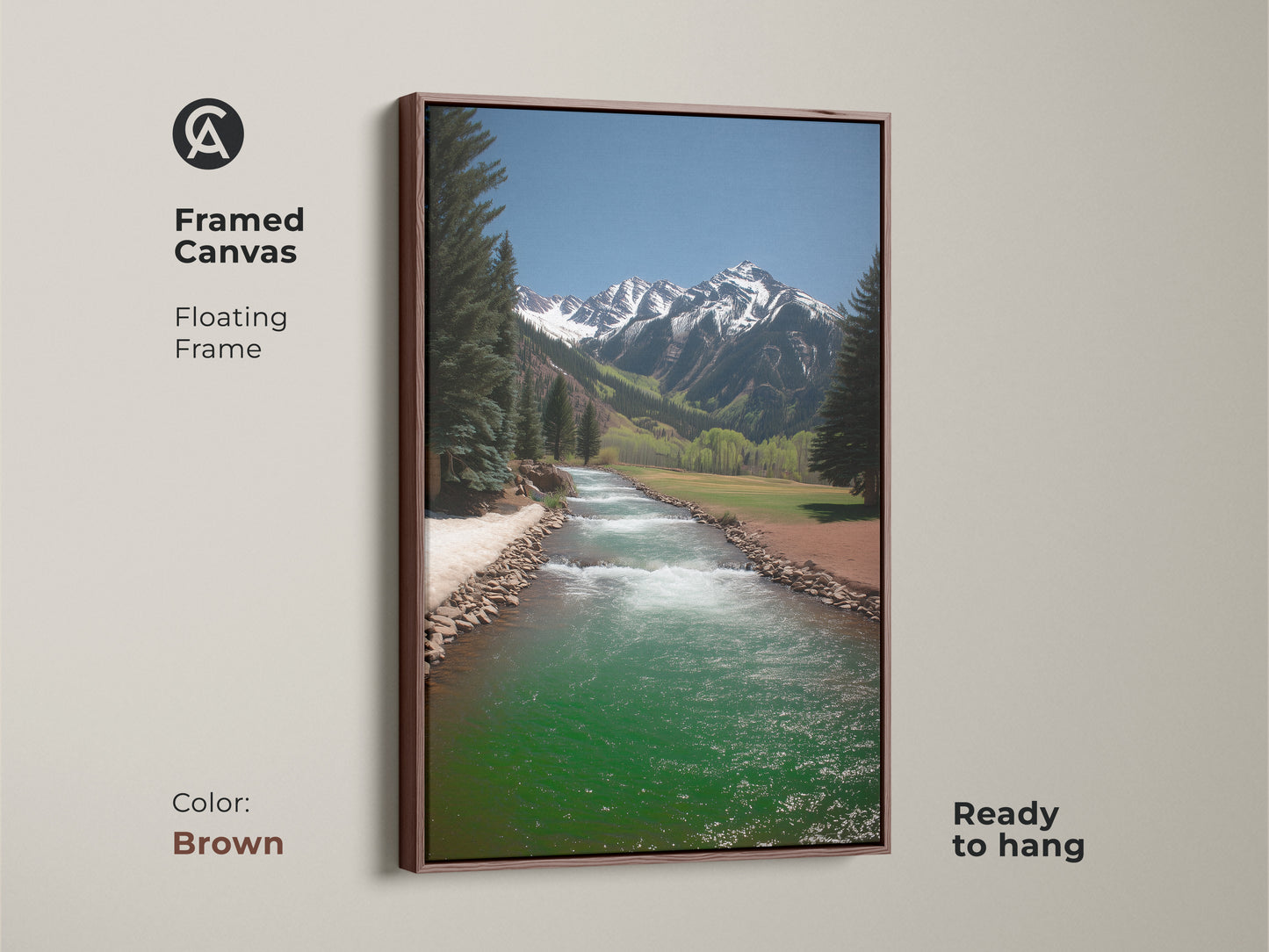 Framed canvas featuring a mountain river landscape in rustic style. A brown floating frame showcases the turquoise and green river art. Ready to hang this scenic pine tree artwork brings the outdoors in. Perfect for nature lovers.