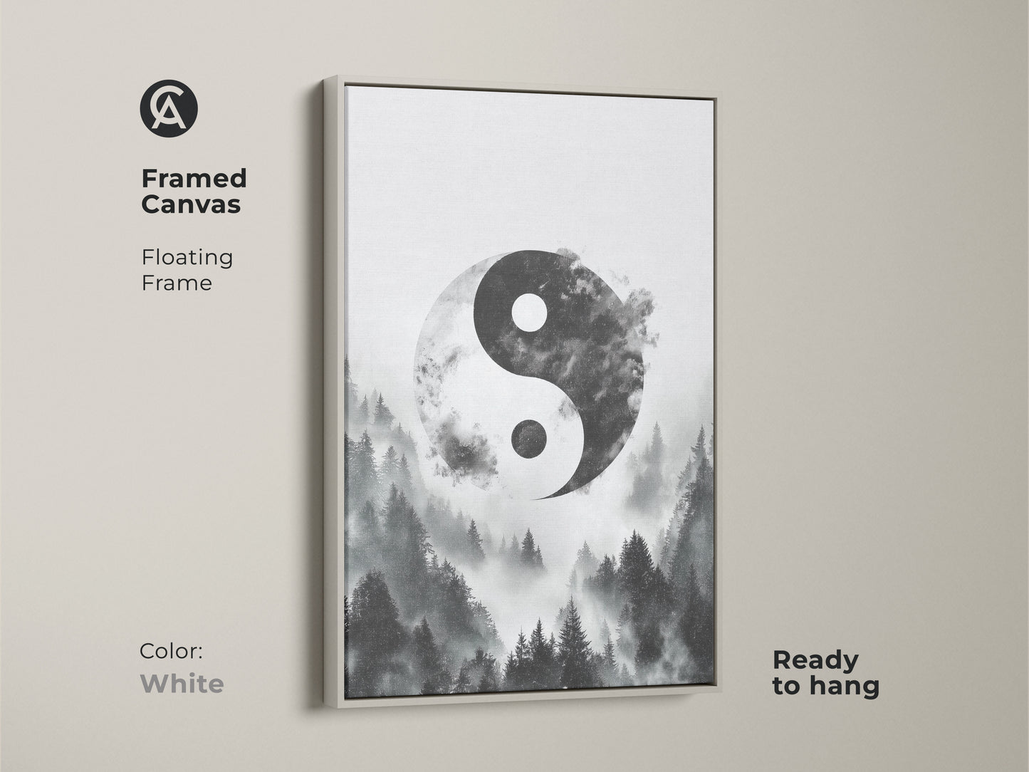 Framed canvas in white showcasing Yin Yang wall art. Misty forest canvas print gives a monochrome nature artwork. This zen spiritual home decor is ready to hang.