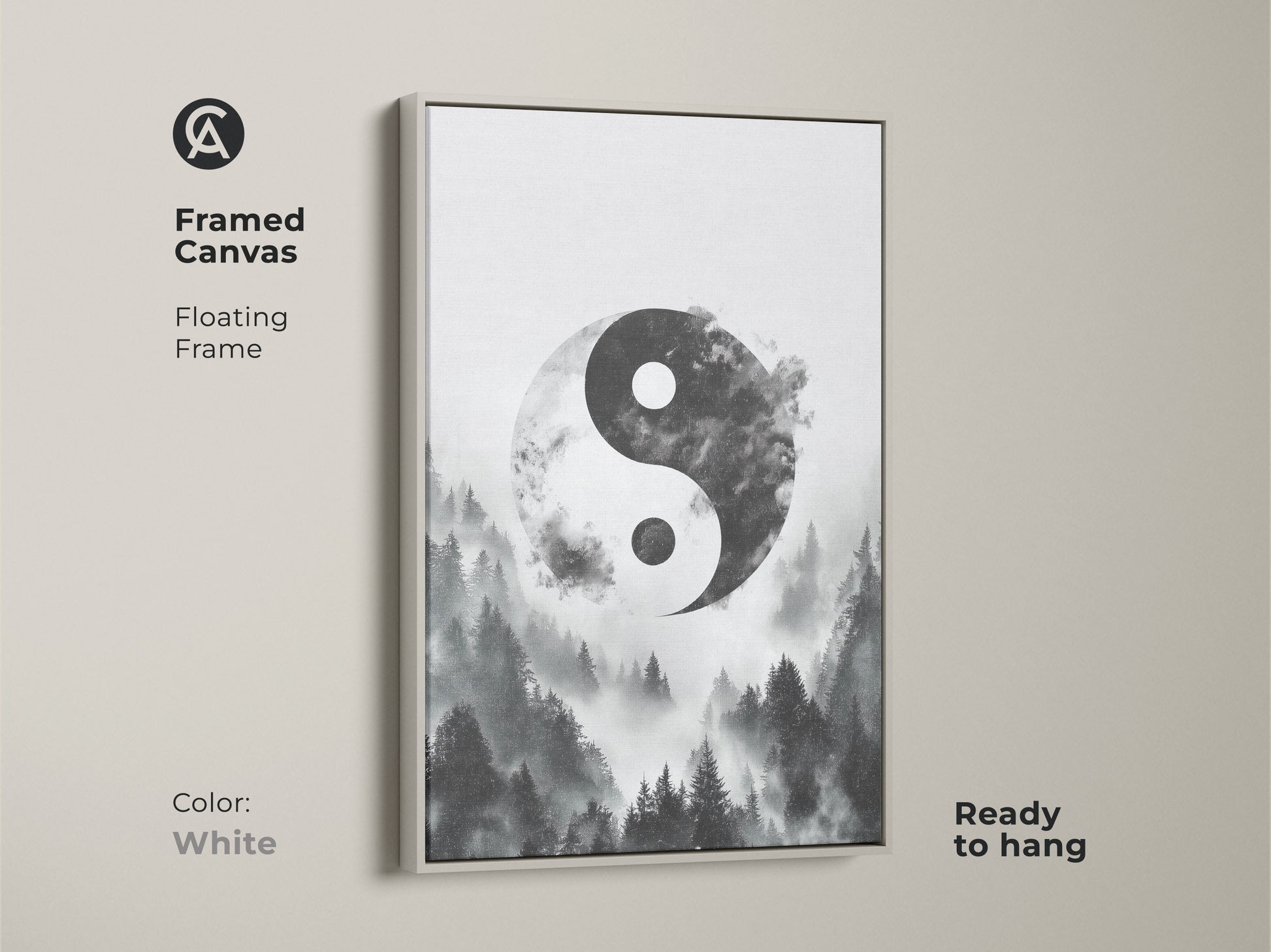 Framed canvas in white showcasing Yin Yang wall art. Misty forest canvas print gives a monochrome nature artwork. This zen spiritual home decor is ready to hang.