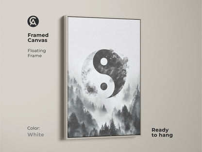 Framed canvas in white showcasing Yin Yang wall art. Misty forest canvas print gives a monochrome nature artwork. This zen spiritual home decor is ready to hang.