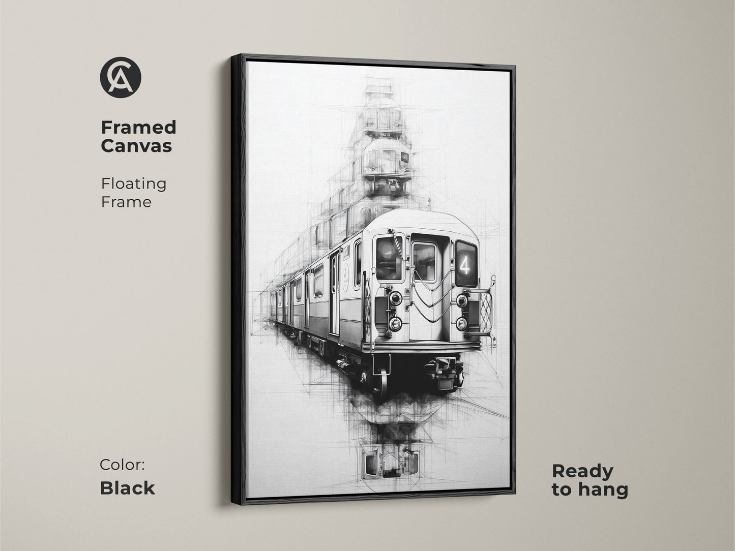 A framed canvas with a black floating frame showcases urban line art of a subway train ready to hang. The black white sketch art has an industrial loft aesthetic. This transportation art print adds modern decor.
