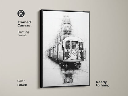 A framed canvas with a black floating frame showcases urban line art of a subway train ready to hang. The black white sketch art has an industrial loft aesthetic. This transportation art print adds modern decor.