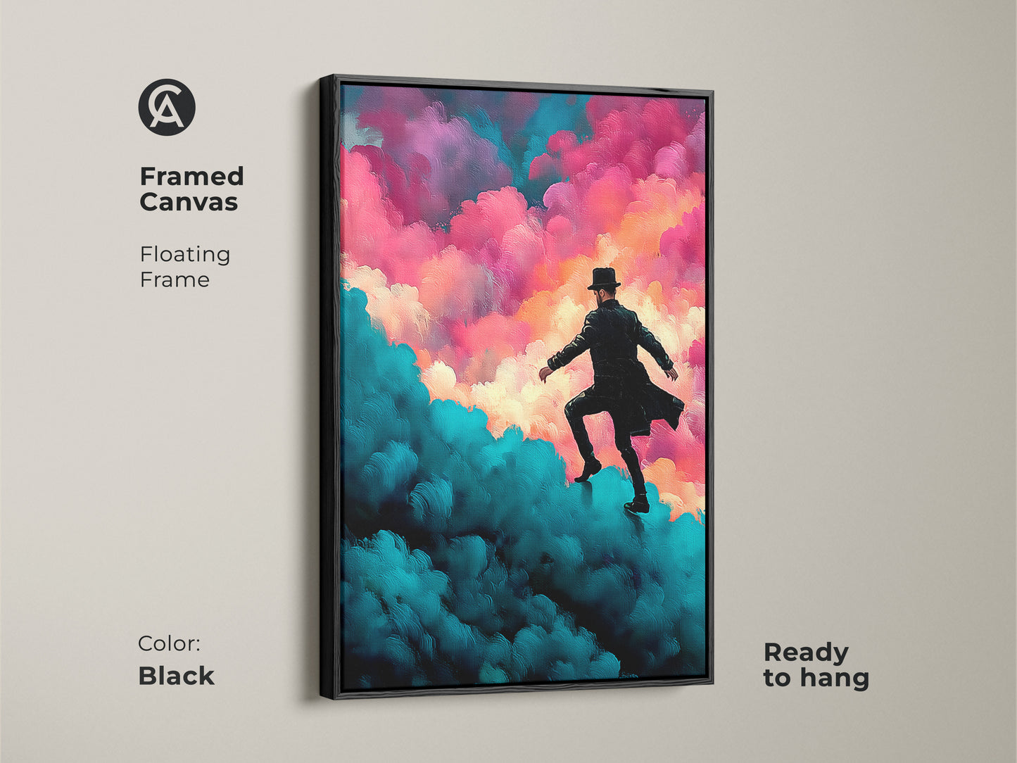 A framed canvas features surreal art of a man climbing expressive clouds. The color scheme includes teal magenta and pink. It is ready to hang. The frame is black. It’s perfect as eclectic living room art or housewarming gift.