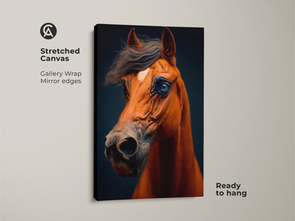 This stretched canvas features realistic horse art. The gallery wrap has mirror edges. This brown equine portrait is ready to hang. The horse face close up art is an animal lover gift idea. It enhances bedroom wall art with a contemporary style.