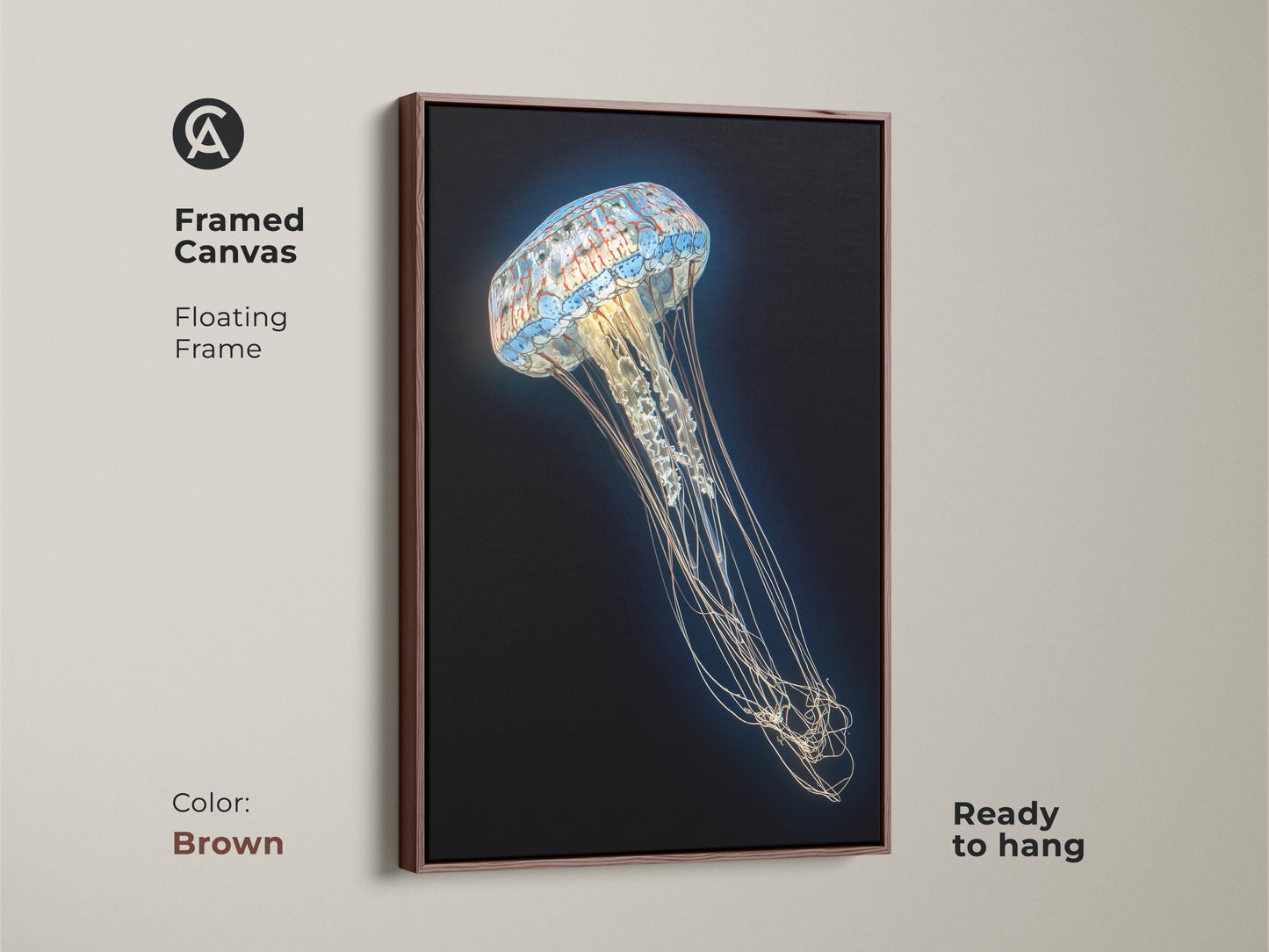 Framed canvas of a Contemporary Jellyfish Print in a brown floating frame. This abstract ocean life canvas showcases intricate aqua and white details. Ready to hang the surreal marine biology artwork adds a touch of elegance.