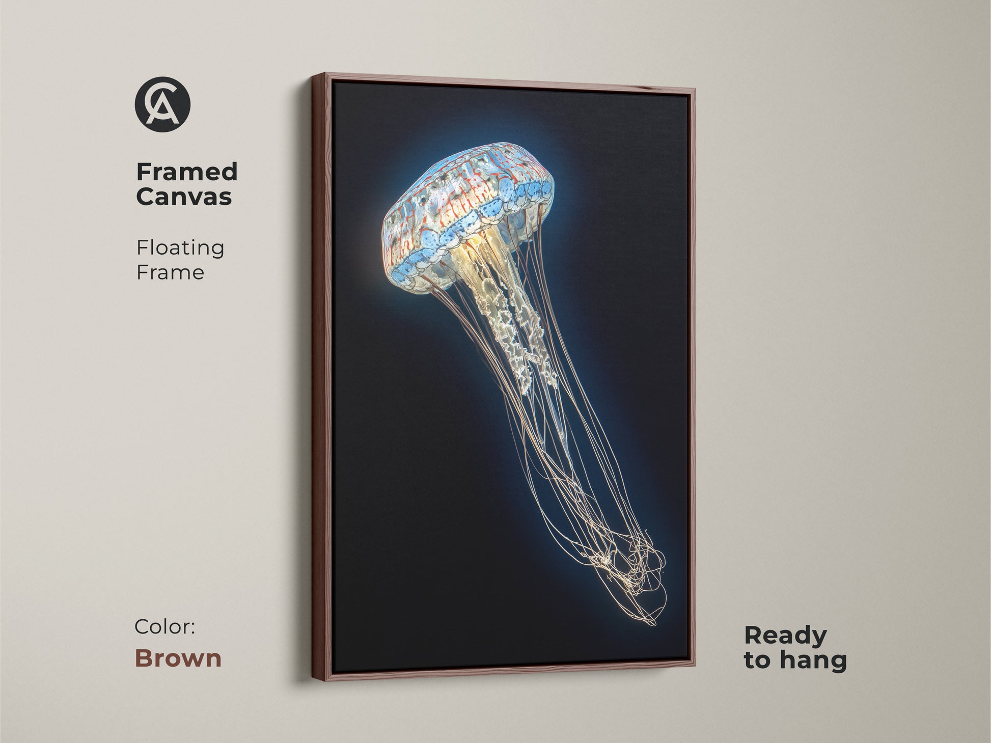 Framed canvas of a Contemporary Jellyfish Print in a brown floating frame. This abstract ocean life canvas showcases intricate aqua and white details. Ready to hang the surreal marine biology artwork adds a touch of elegance.