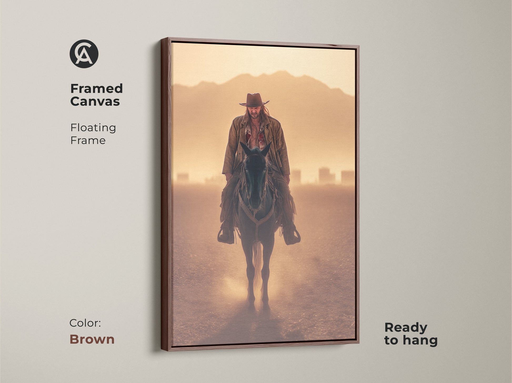 Framed canvas print of a cowboy on horseback with a brown floating frame. Ready to hang in your man cave. Enjoy this rustic western artwork. A cinematic horse print in goldenrod orange tan colors. A perfect Father's Day cowboy gift for a western man.