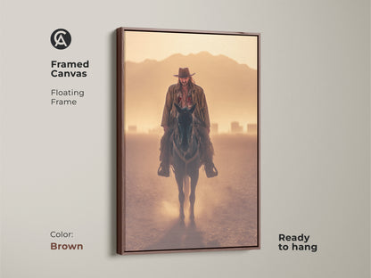 Framed canvas print of a cowboy on horseback with a brown floating frame. Ready to hang in your man cave. Enjoy this rustic western artwork. A cinematic horse print in goldenrod orange tan colors. A perfect Father's Day cowboy gift for a western man.
