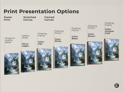 Print presentation options for mountain waterfall artwork. Choose from poster print stretched canvas or framed canvas. Various frame colors like black brown oak and antique gold are available for this nature scenery decor.