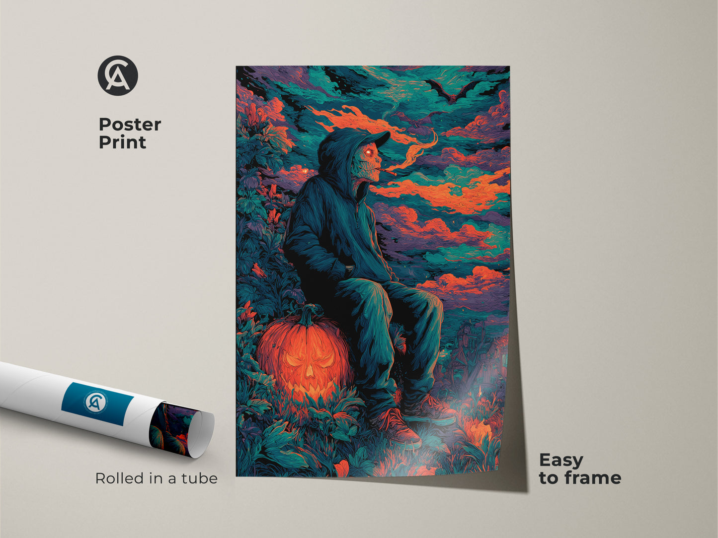 Poster print displaying a hooded figure sitting atop a jack-o'-lantern. This easily framed art captures a spooky yet stylish Halloween aesthetic. The rolled poster ensures safe delivery. It's perfect for adding an artistic touch to your seasonal decor.