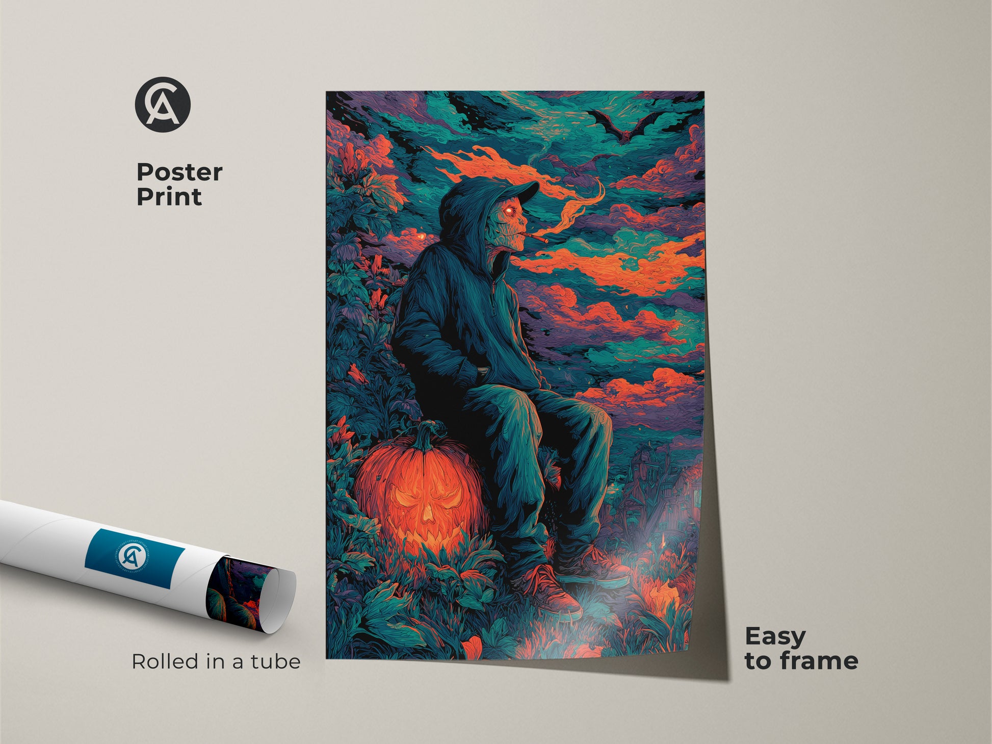Poster print displaying a hooded figure sitting atop a jack-o'-lantern. This easily framed art captures a spooky yet stylish Halloween aesthetic. The rolled poster ensures safe delivery. It's perfect for adding an artistic touch to your seasonal decor.