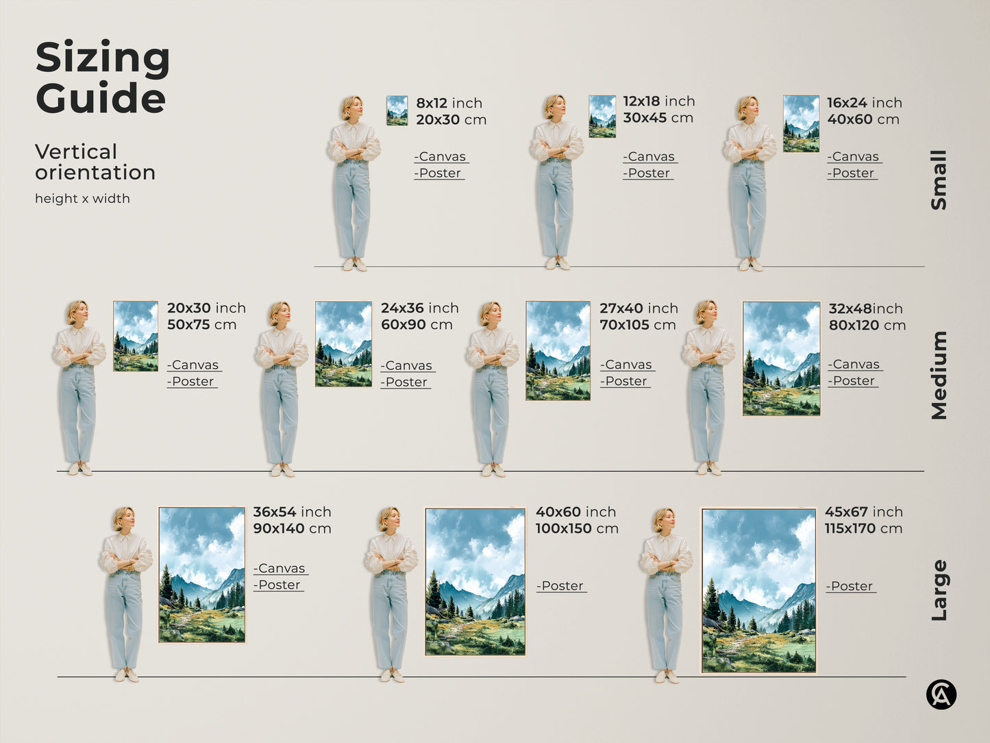 Discover the perfect size for your mountain landscape art. Vertical orientation options include small medium and large sizes. Available as canvas or poster prints. Find the ideal fit for your space. Enhance your home decor today.