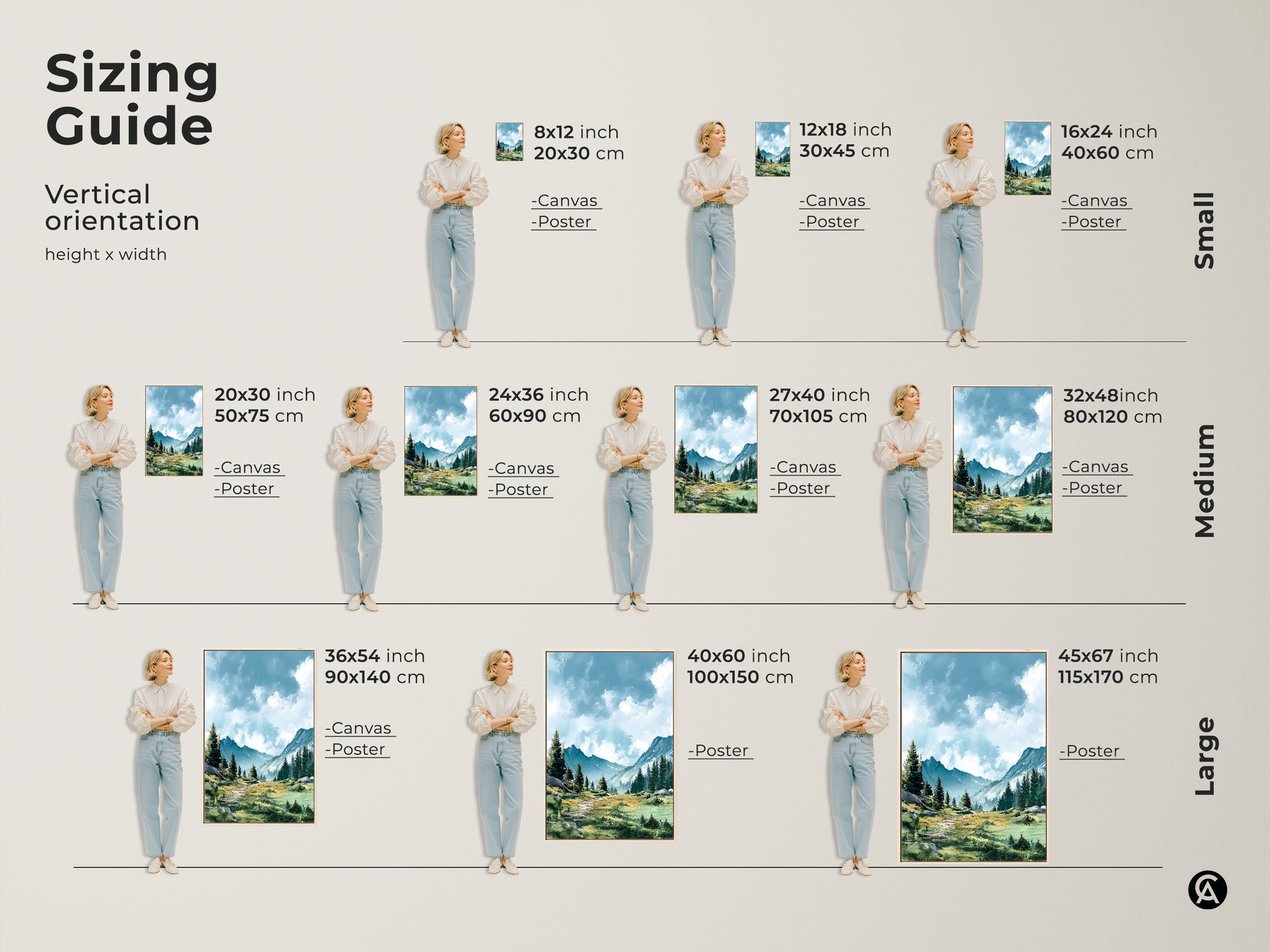 Discover the perfect size for your mountain landscape art. Vertical orientation options include small medium and large sizes. Available as canvas or poster prints. Find the ideal fit for your space. Enhance your home decor today.