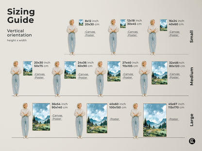 Discover the perfect size for your mountain landscape art. Vertical orientation options include small medium and large sizes. Available as canvas or poster prints. Find the ideal fit for your space. Enhance your home decor today.