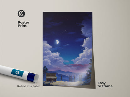 Poster print of a surreal indigo moon piano landscape. The dreamy night sky art comes rolled in a tube. Easy to frame and display. Perfect celestial landscape canvas for music lovers. Add an ethereal touch to your home.