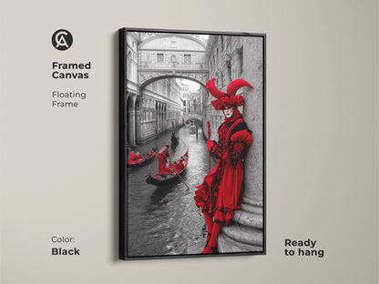 Enhance your space with a framed canvas showcasing a Venice Carnival masked figure in crimson red. The floating frame complements the black & white Venice architecture poster. The gondola wall art adds an eclectic touch. This Carnival Season gift idea is ready to hang in your home.