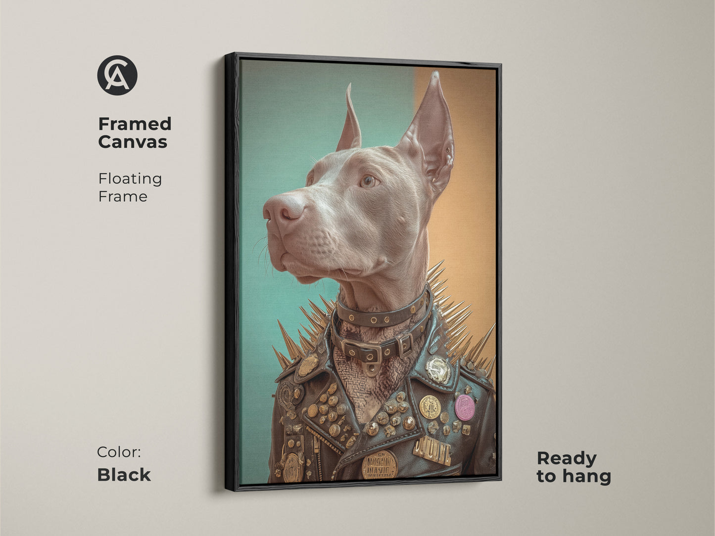 Framed Doberman Pinscher canvas artwork in a studded leather jacket adding eclectic flair to your walls. The brown floating frame complements its unique style. This gothic wall art piece is perfect for a man cave or living space appealing to rock music fans. Ready to hang and makes a statement.