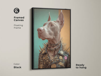 Framed Doberman Pinscher canvas artwork in a studded leather jacket adding eclectic flair to your walls. The brown floating frame complements its unique style. This gothic wall art piece is perfect for a man cave or living space appealing to rock music fans. Ready to hang and makes a statement.