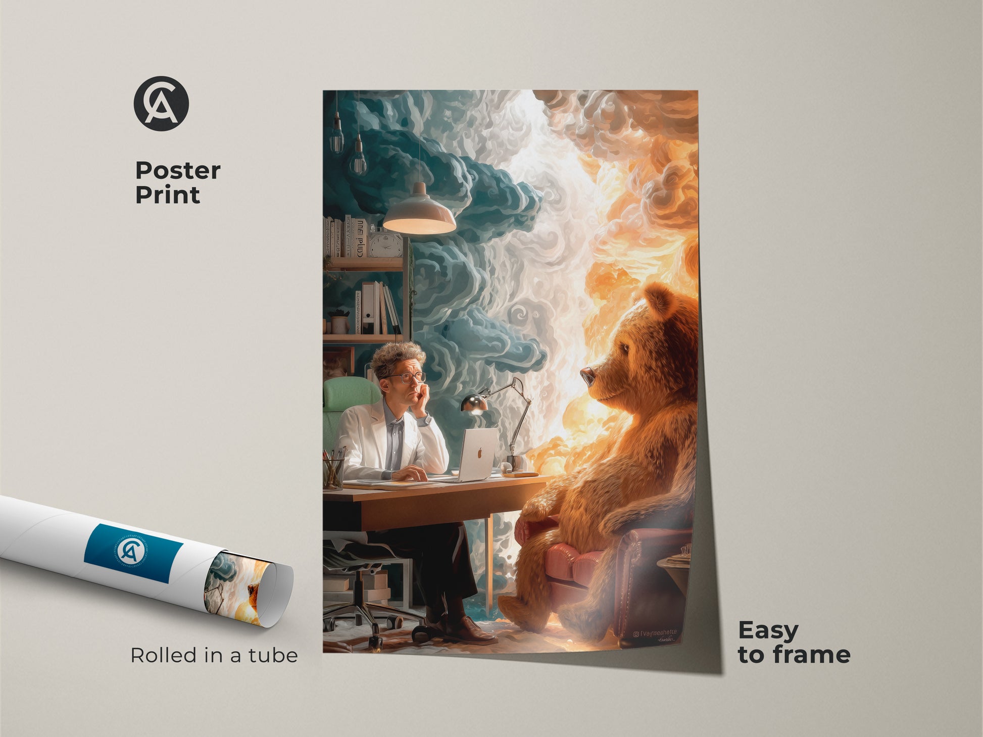 Poster print featuring a surreal bear and man in an office. The art is rolled in a tube. It is easy to frame. A gold teal surrealism artwork brings an eclectic wall decor to your home. A unique birthday gift or therapy client present.