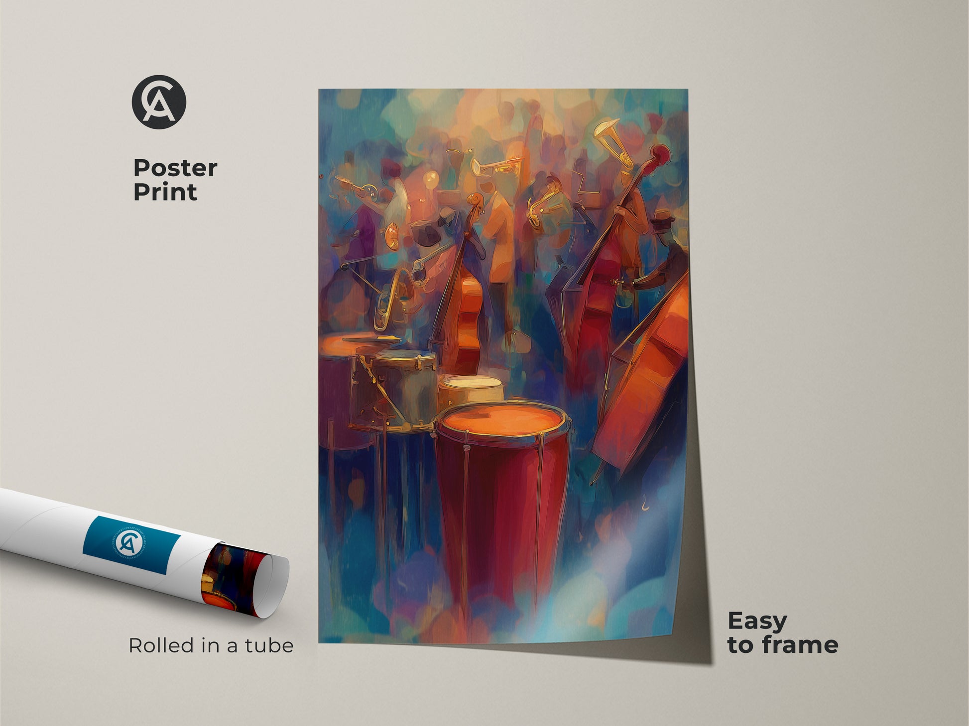 This poster print showcases an abstract jazz band artwork. It's an expressionist piece of music lover wall art. The poster is rolled in a tube and easy to frame for any music-themed space.