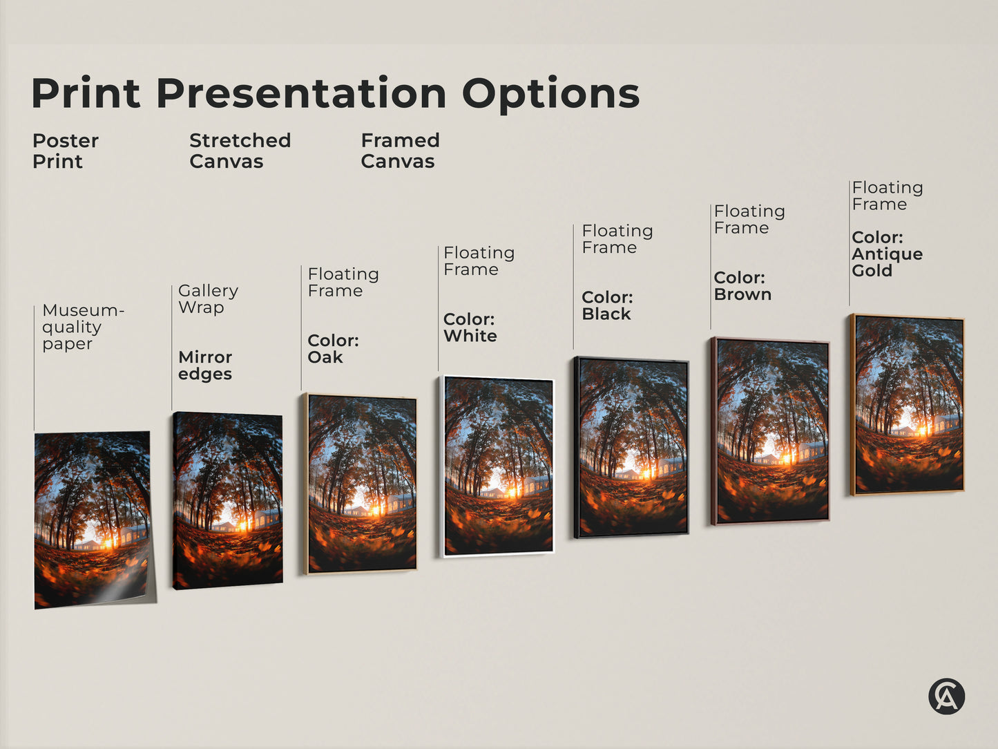 Explore print presentation options for the forest sunset artwork. Choose from poster prints stretched canvas and framed canvas. Available with gallery wrap mirror edges and floating frames. Find the perfect art for your space.