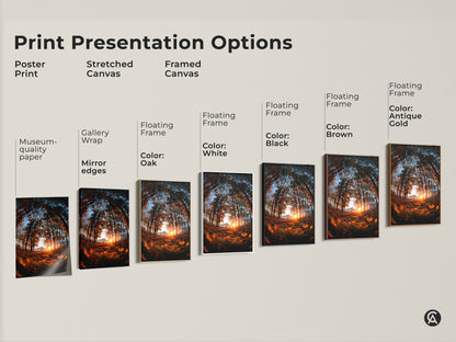 Explore print presentation options for the forest sunset artwork. Choose from poster prints stretched canvas and framed canvas. Available with gallery wrap mirror edges and floating frames. Find the perfect art for your space.