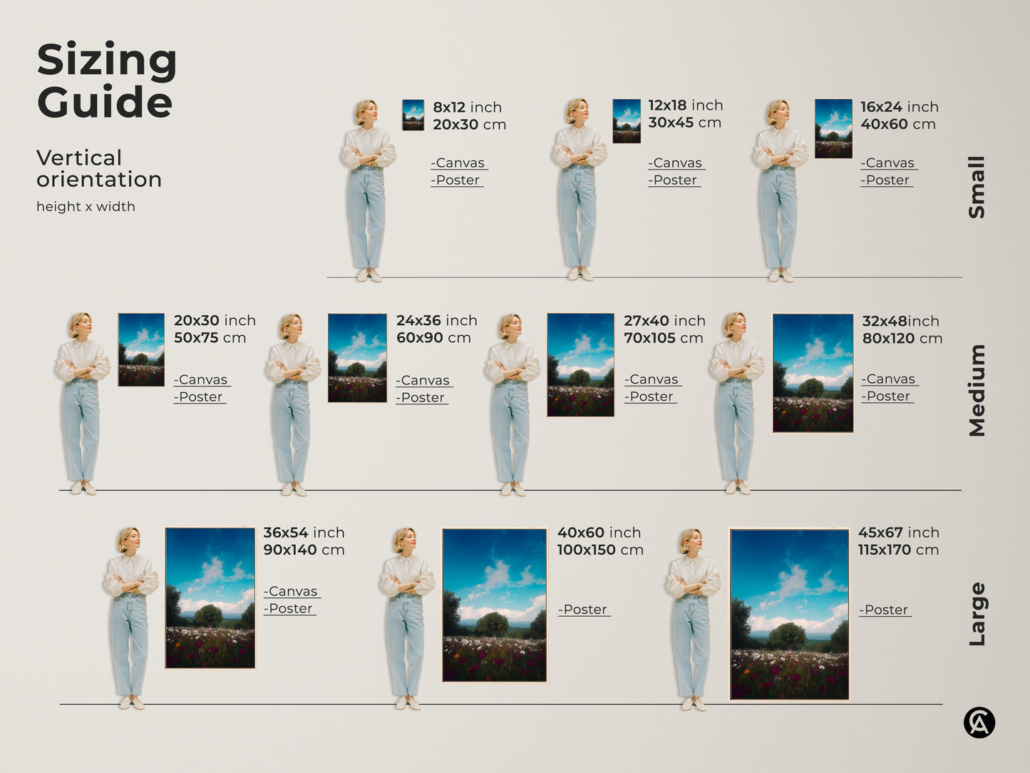 Sizing guide for vertical orientation wildflower landscape canvas prints. Available in small medium and large sizes. Perfect as boho nature art for bedroom decor. Choose the ideal size for your space