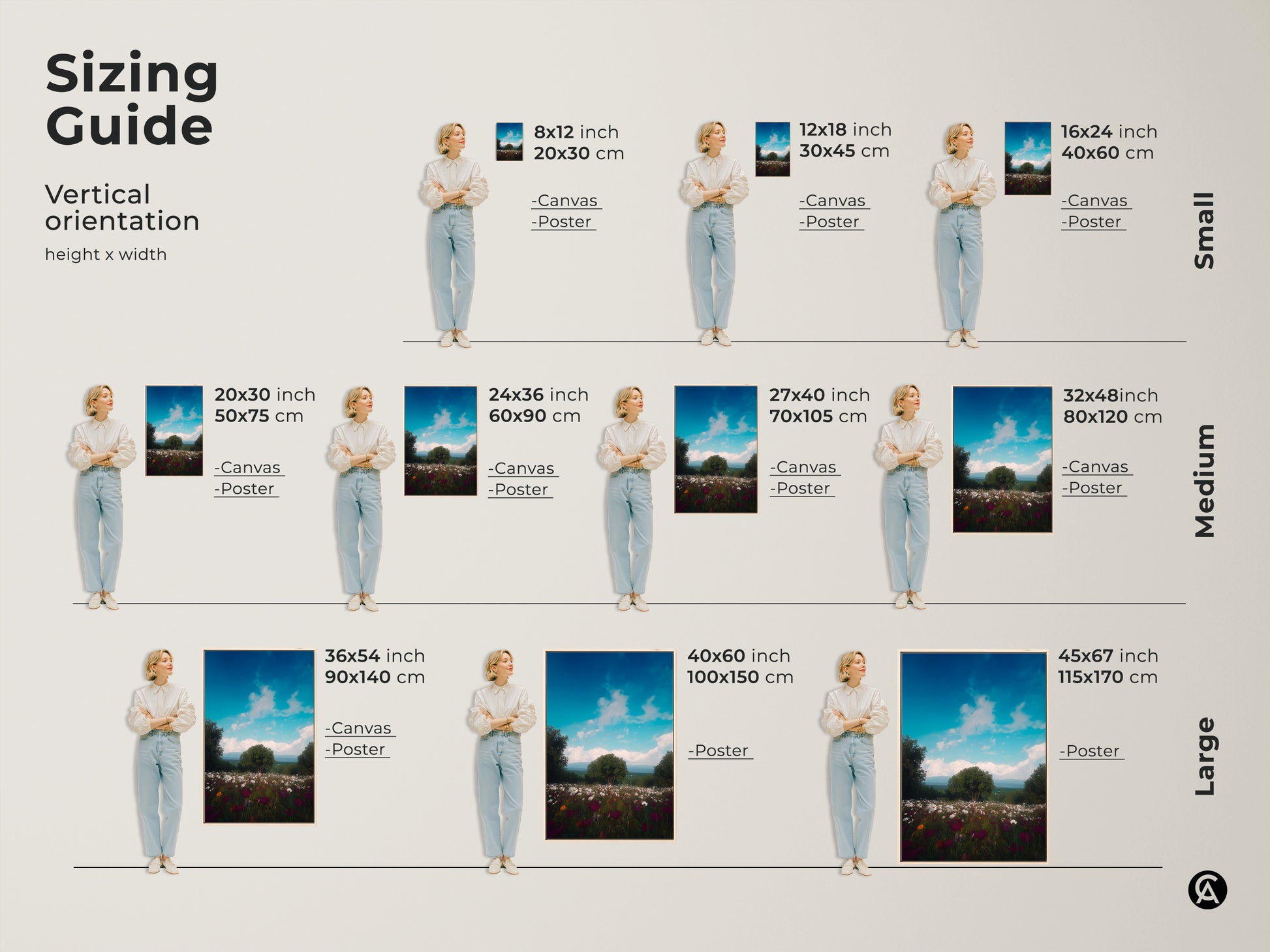 Sizing guide for vertical orientation wildflower landscape canvas prints. Available in small medium and large sizes. Perfect as boho nature art for bedroom decor. Choose the ideal size for your space
