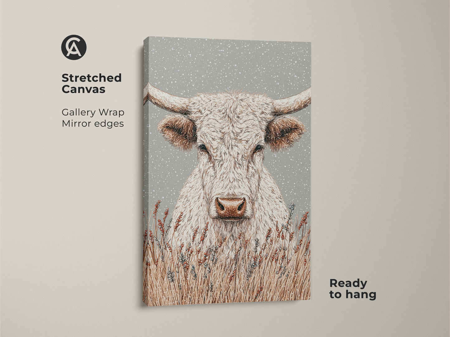 Stretched canvas artwork featuring a white longhorn bull. Gallery wrapped with mirror edges. This piece adds a touch of country charm to any space. Ready to hang and enjoy in your home or office.