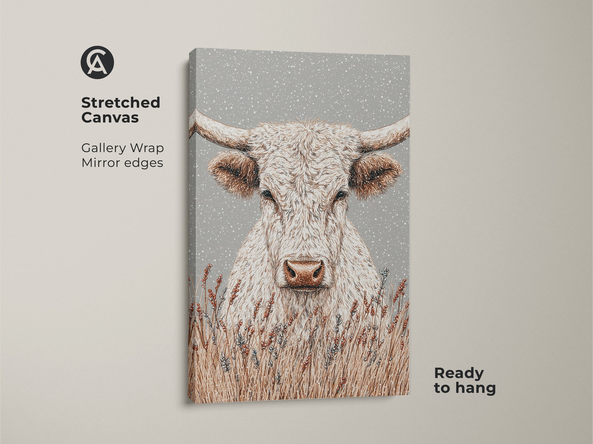 Stretched canvas artwork featuring a white longhorn bull. Gallery wrapped with mirror edges. This piece adds a touch of country charm to any space. Ready to hang and enjoy in your home or office.
