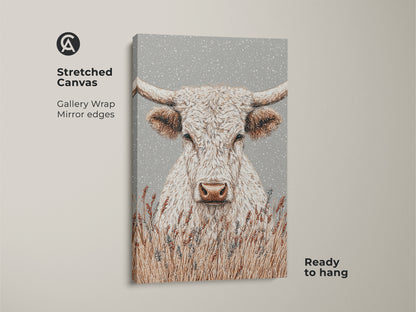 Stretched canvas artwork featuring a white longhorn bull. Gallery wrapped with mirror edges. This piece adds a touch of country charm to any space. Ready to hang and enjoy in your home or office.