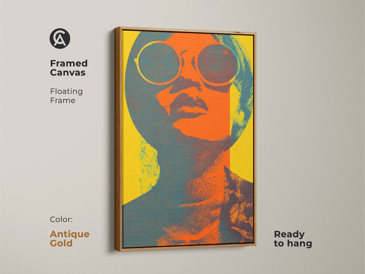 Framed canvas of pop art woman in an antique gold floating frame. This retro portrait canvas features abstract sunglasses art. The orange teal and yellow decor makes it eclectic wall art. Vintage style artwork with bold color print. Modern face art creates a unique home decor. It makes a great gift.