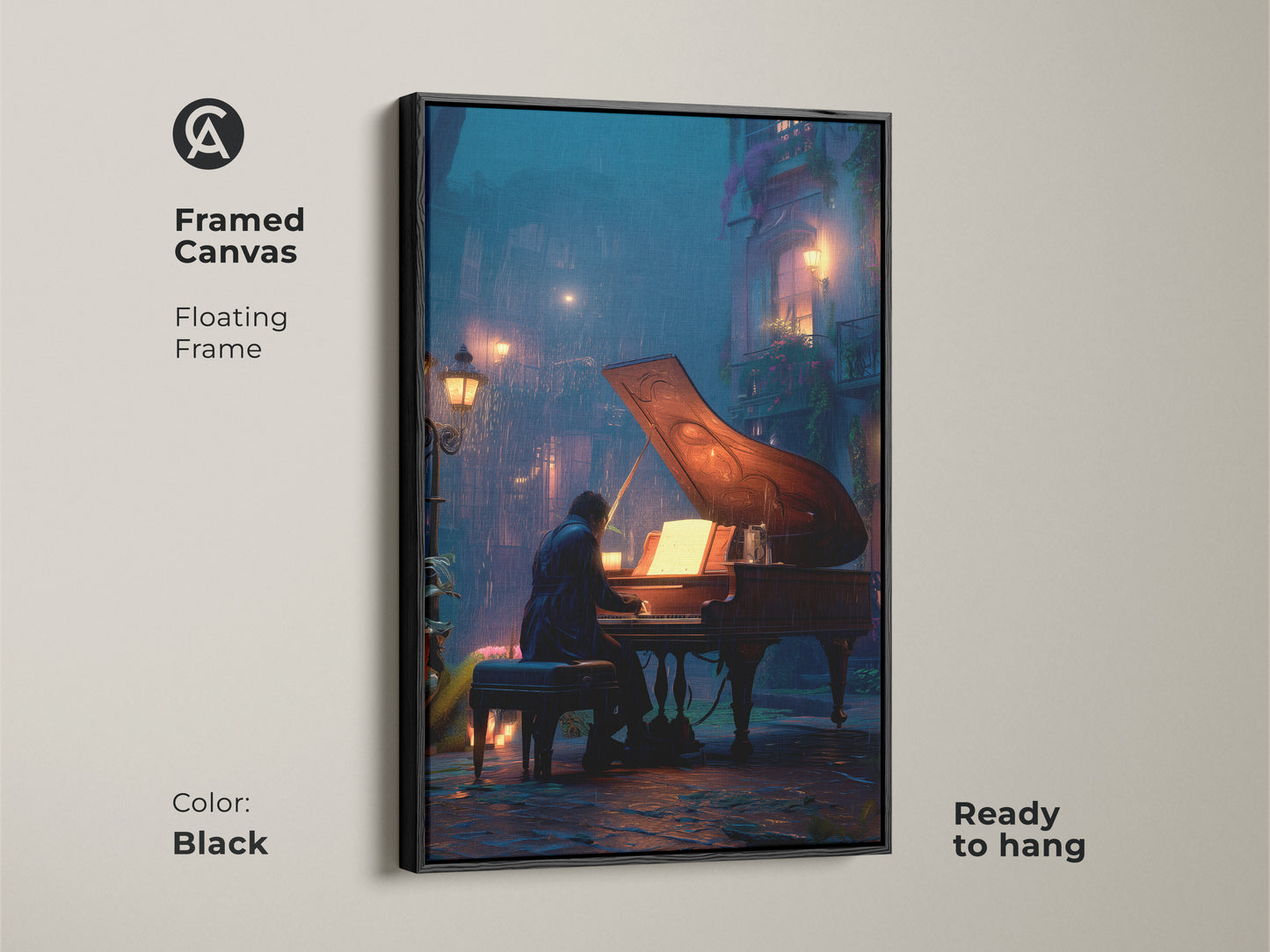 This framed piano art print adds sophistication to any room. The black floating frame enhances the cinematic rainy night artwork. This canvas features a pianist on a wet city street. Ready to hang music composer gift. Perfect eclectic home decor.