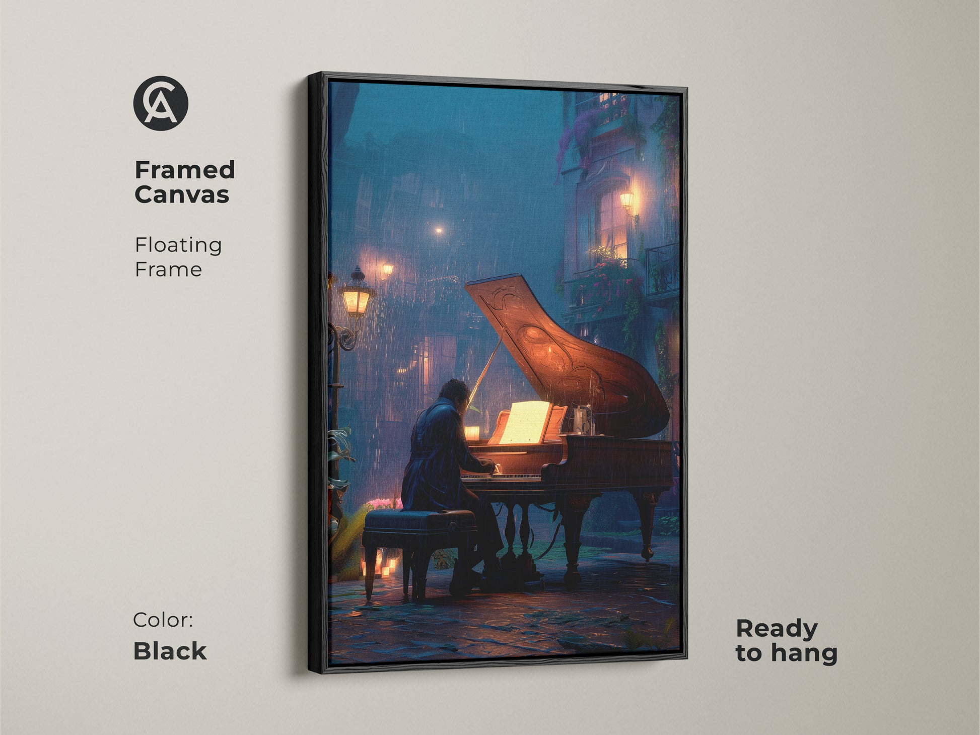 This framed piano art print adds sophistication to any room. The black floating frame enhances the cinematic rainy night artwork. This canvas features a pianist on a wet city street. Ready to hang music composer gift. Perfect eclectic home decor.