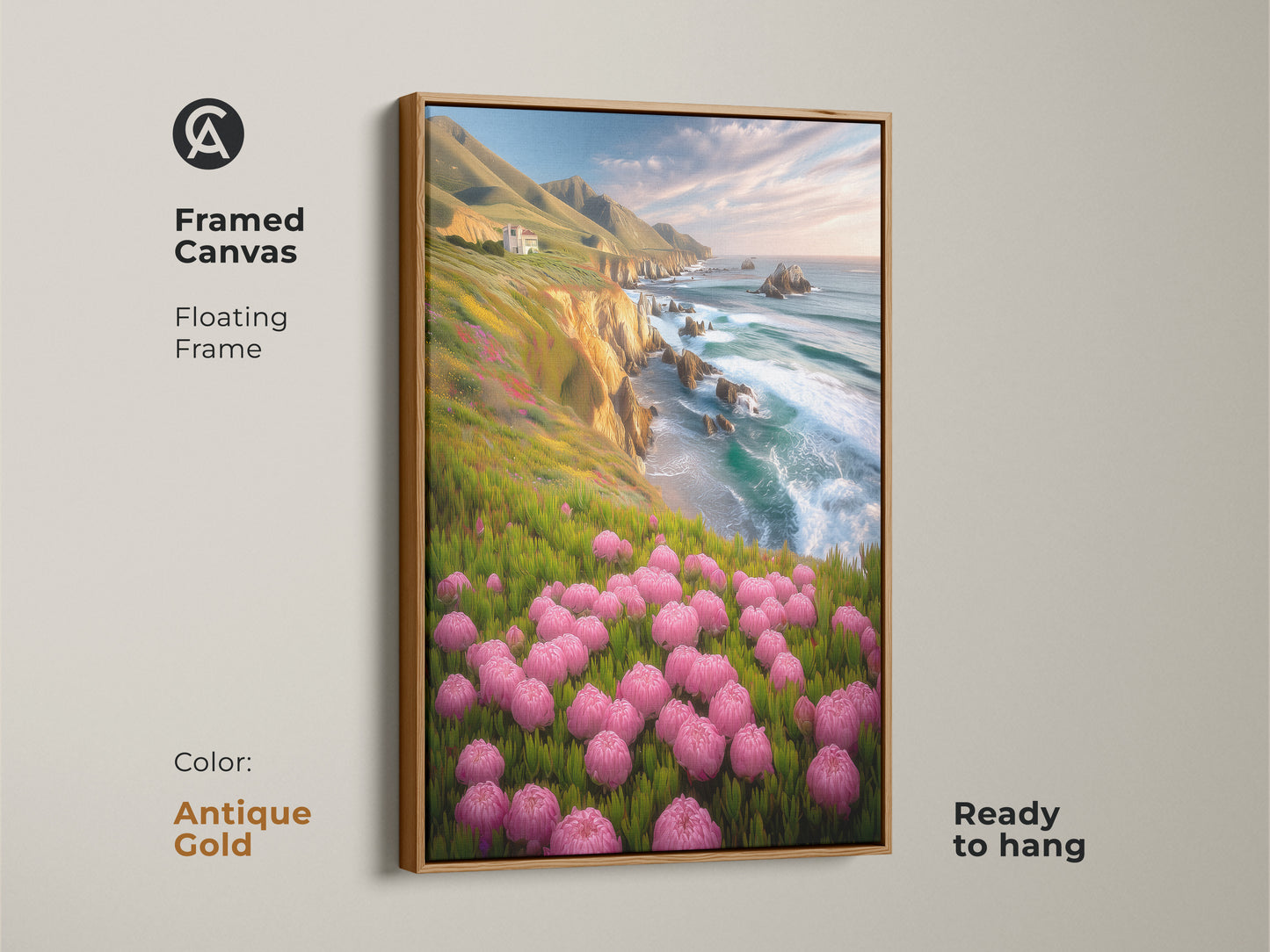 Antique gold framed canvas print of pink floral ocean cliffs. This coastal landscape artwork is a perfect housewarming gift. It is ready to hang in a beach themed room.