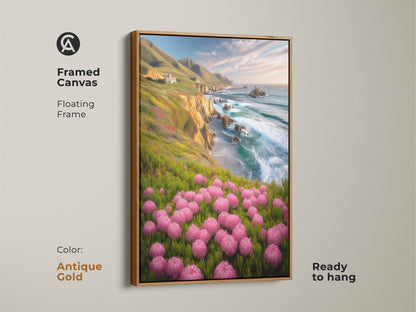 Antique gold framed canvas print of pink floral ocean cliffs. This coastal landscape artwork is a perfect housewarming gift. It is ready to hang in a beach themed room.