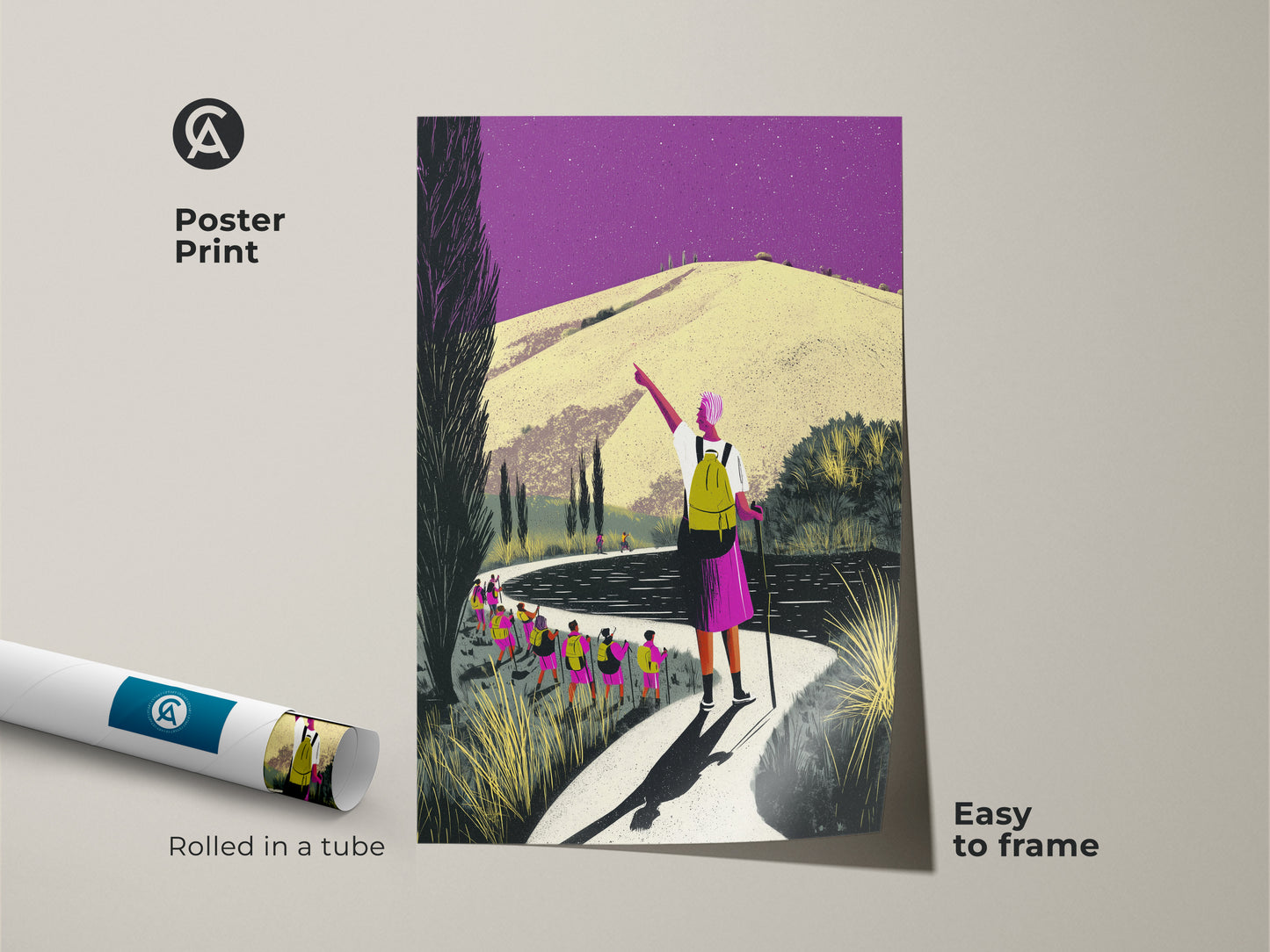 Rolled poster print of a purple yellow hiking art. Easy to frame this travel scenic art print captures a mountain path. The boho home decor art brings a touch of wanderlust. Perfect as a unique nature art gift for creative hikers.