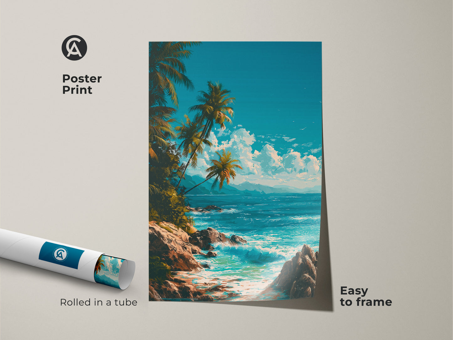 Poster print featuring a tropical beach art. Palm trees and ocean waves create a serene coastal scene. Rolled in a tube for safe shipping. Easy to frame for custom wall decor solutions.