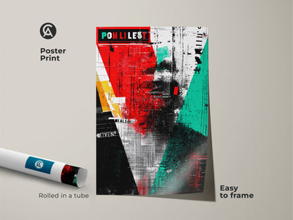 A poster print of abstract collage art rolled in a tube easy to frame. The retro graphic poster showcases a red black and teal grunge portrait. Ideal for modern study room art or office workspace wall art. This unique abstract print is a great gift for art enthusiasts.