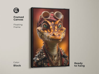 Framed canvas art of a steampunk alligator with a floating frame. The punk rock reptile art is ready to hang. The cool animal artwork features an alligator in a leather jacket with a bandana. This unique reptile print adds character to a den or themed bar decor. The black frame enhances the details.