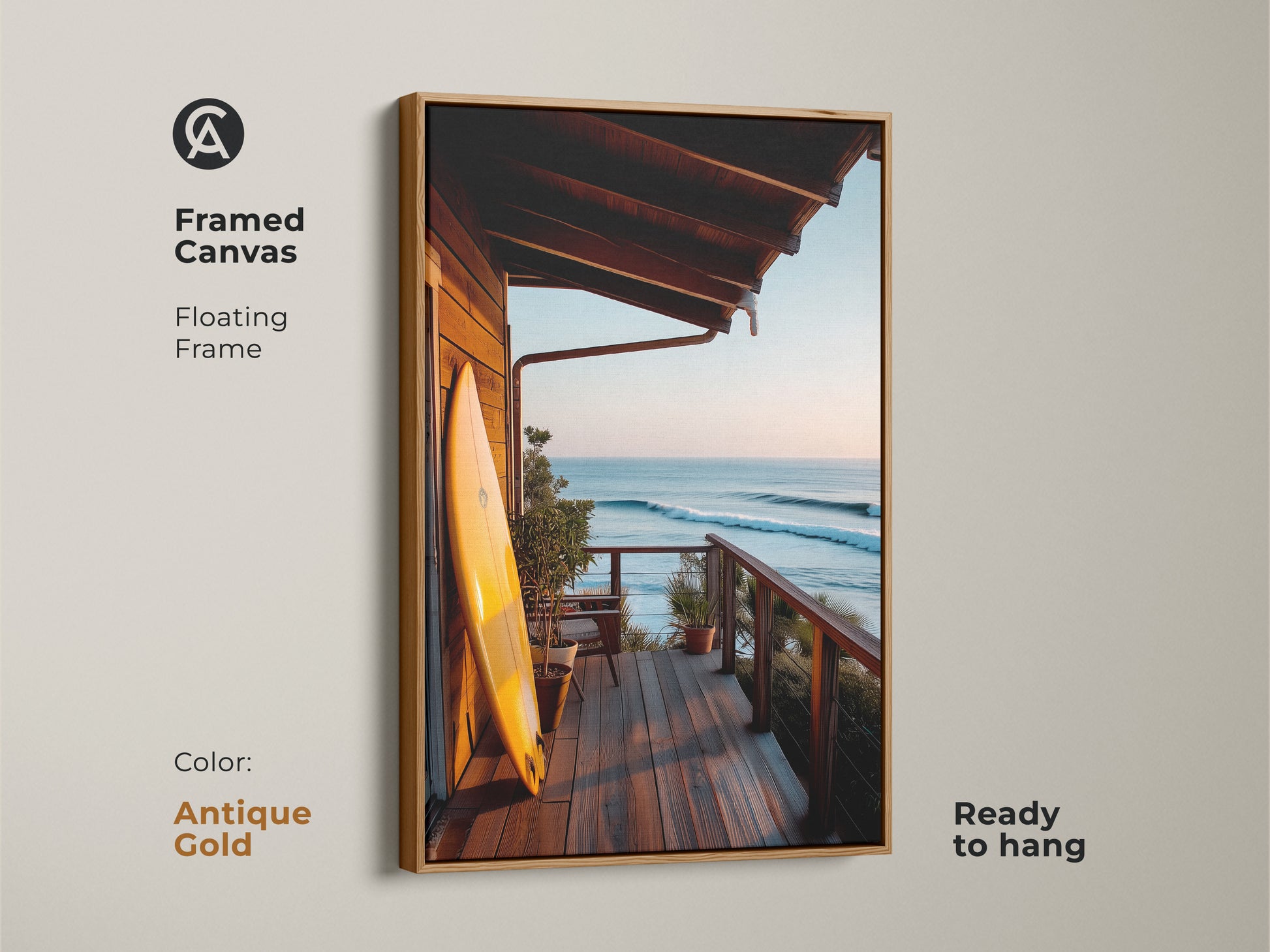 Framed canvas art featuring a surfboard on a porch. With an ocean view this floating frame in antique gold enhances the coastal artwork. The ready-to-hang surf art brings a beach vibe. Perfect for ocean-themed home decor. Enjoy this framed art print.