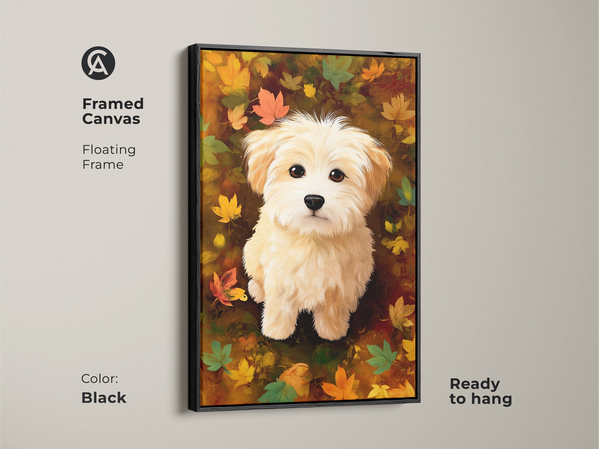 Framed canvas of a maltipoo puppy in an autumn setting. The floating frame enhances the dog art. The black frame is ready to hang. A cozy addition to any dog lover's home.