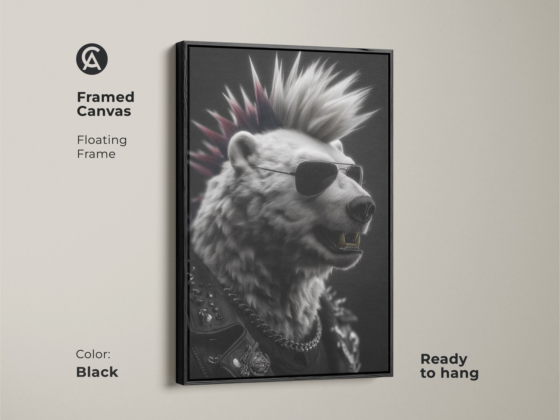 Framed canvas featuring punk rock bear art. The bear has a mohawk and sunglasses. The black floating frame enhances the edgy design. Ready to hang this artwork adds rebellious charm. A perfect addition to a music lover's collection. This piece enhances man cave eclectic wall decor.