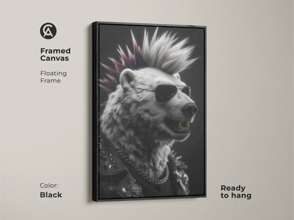 Framed canvas featuring punk rock bear art. The bear has a mohawk and sunglasses. The black floating frame enhances the edgy design. Ready to hang this artwork adds rebellious charm. A perfect addition to a music lover's collection. This piece enhances man cave eclectic wall decor.