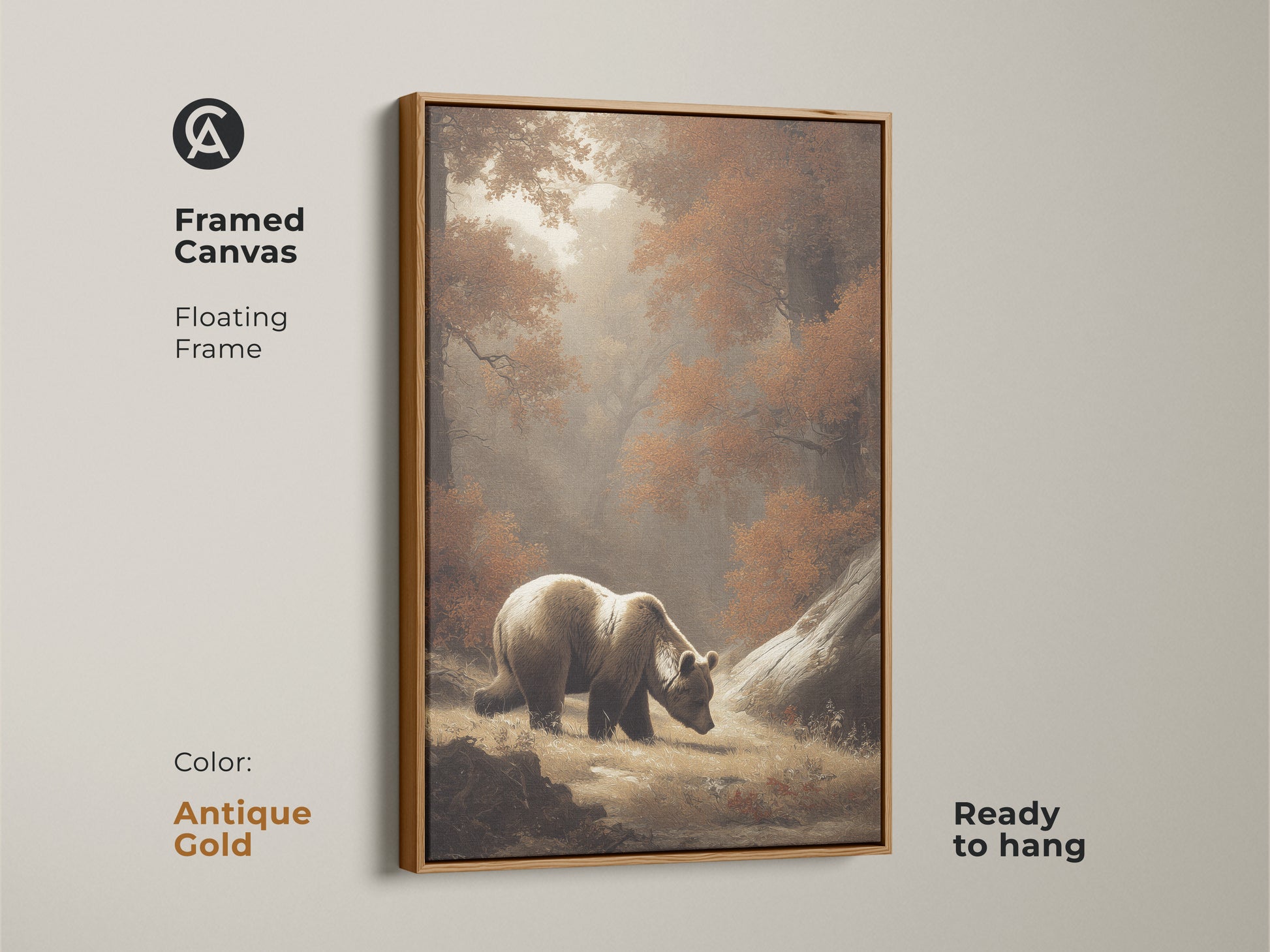 Antique gold framed canvas of a bear in the woods. The sepia tones enhance the rustic autumn landscape print. Ready to hang animal art for bedroom. This woodland nature painting is a cozy cabin decor must-have. A perfect housewarming gift.