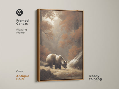 Antique gold framed canvas of a bear in the woods. The sepia tones enhance the rustic autumn landscape print. Ready to hang animal art for bedroom. This woodland nature painting is a cozy cabin decor must-have. A perfect housewarming gift.